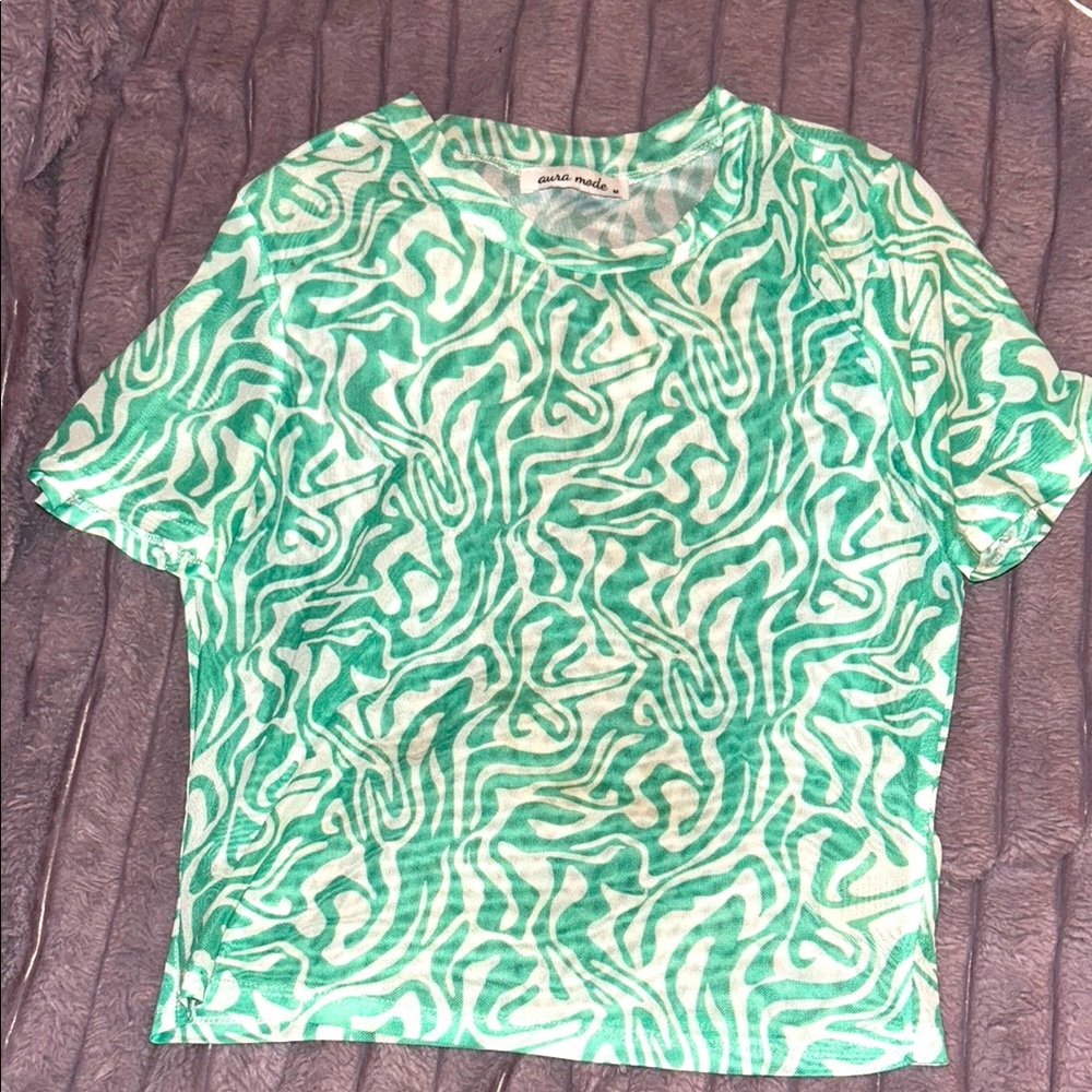 Green and White Patterned see through T-Shirt